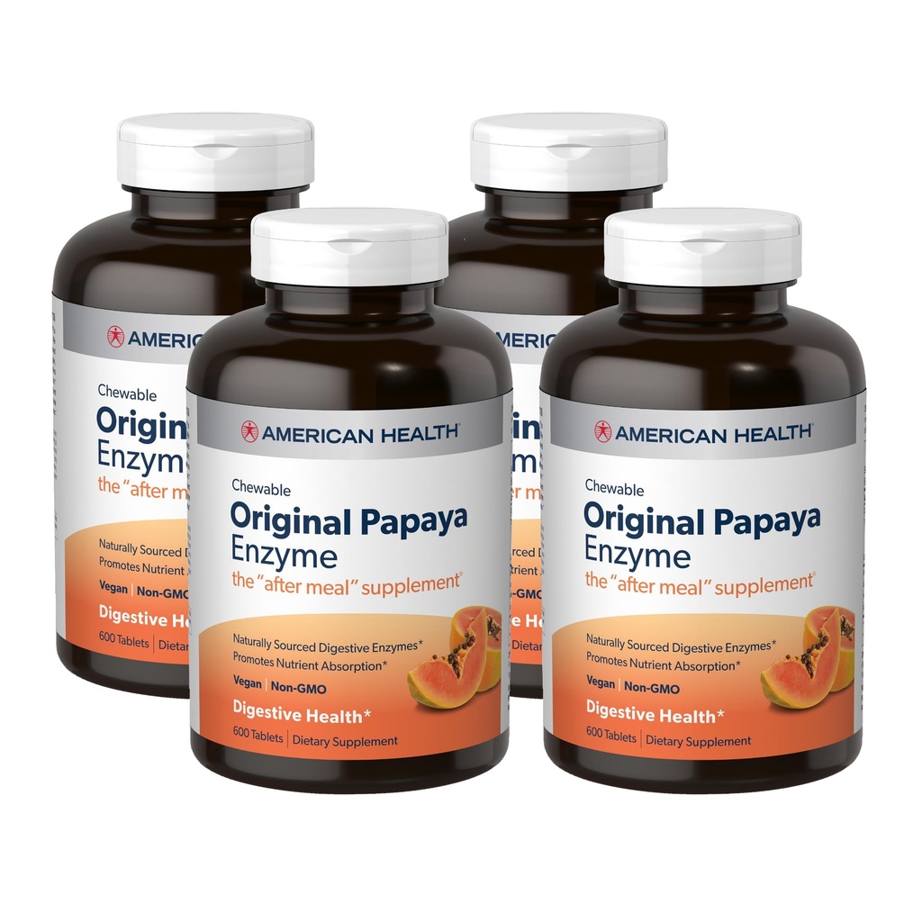 American Health Original Papaya Enzyme - 600 Kauwtabletten, Pack of 4 - The After-Meal Supplement - Non-GMO, Vegan - 800 Total Servings