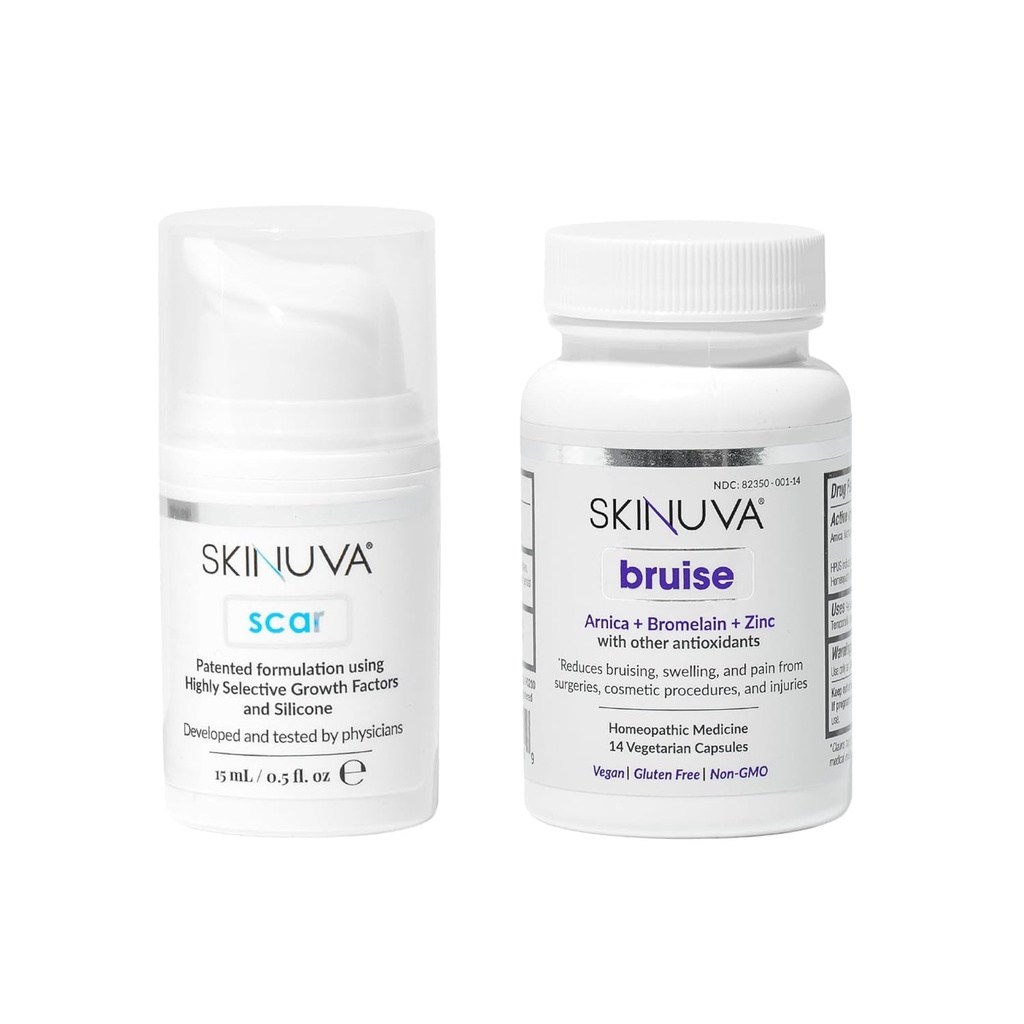 Skinuva® Scar (0,5 oz) & Bruise (14 capsules) - Geavanceerde Silicone Cream Geformuleerd met groeifactoren en Homeopathische Bruise Remedie Geformuleerd met Arnica, Bromelain & Zink