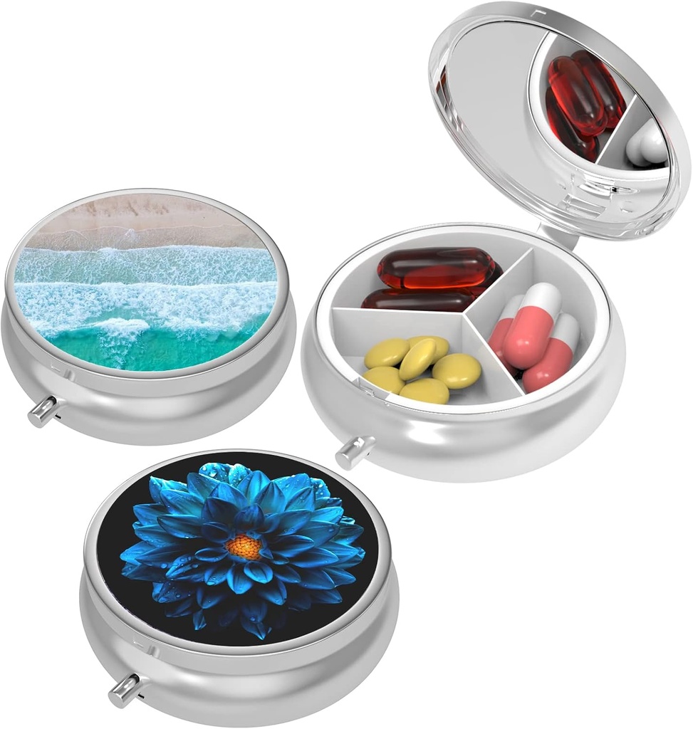 Petite boîte à pilules, étui pour la purse et le pocket, 3 compartiments Cas de pilules de voyage Organisateur de médicaments Entreposage pour les vitamines, les pilules, l'huile de poisson et les boucles d'oreilles, Studs, Fleur jaune brun