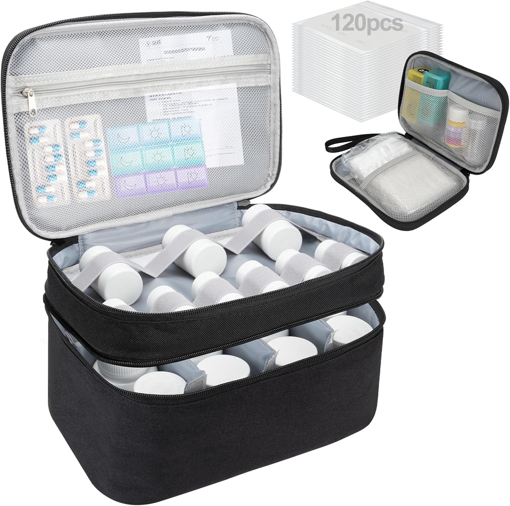 Medicine Organizer Bag, Dual Layers Pillen Flessen Organisator Opslagzak met verstelbare Divide, Medication Travel Bag voor pillen, Vitaminen, Medical Supplies voor thuis met Pillen dragen Bag&Pill Pouch Bag