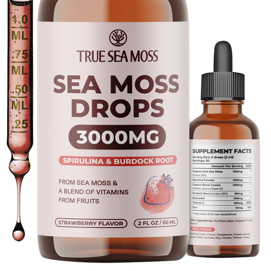 TrueSeaMoss Irish Sea Moss Drops - 5X Sterker dan Sea Moss Gel - 92+ Essentials Mineralen - met Spirulina Poeder, Burdock Root & Black Cumin - 2 Fl Oz (60ml) - Aardbei smaak