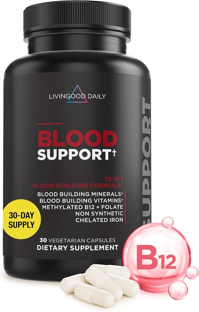 Livingood Daily Iron Supplement for Women & Men, Blood Support Formula with Chelated Iron, Methylated B12, Vitamin C, Zink & Folate, Vegan, Non GMO, Gluten Free, Allergenen Free, 30 Capsules
