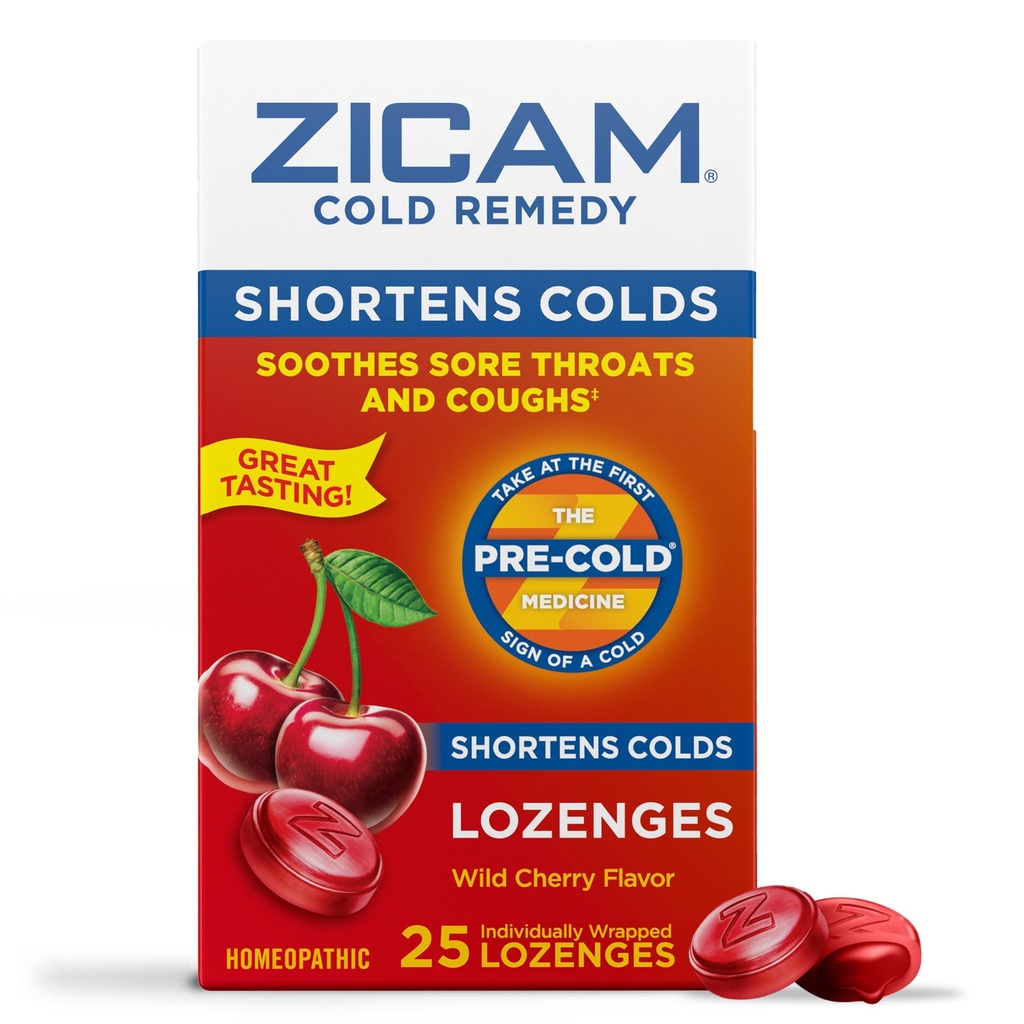 Zicam Cold Remedy Zinc Lozenges, Wild Cherry Flavor, Homeopathic, Soothes Sore Throat and Coughs, Cold Shortening Medicine, Shortens Cold Duration, 25 Count | Homeopathic, Soothes Sore Throat and Coughs, Cold Shortening Medicine, Shortens Cold Duration