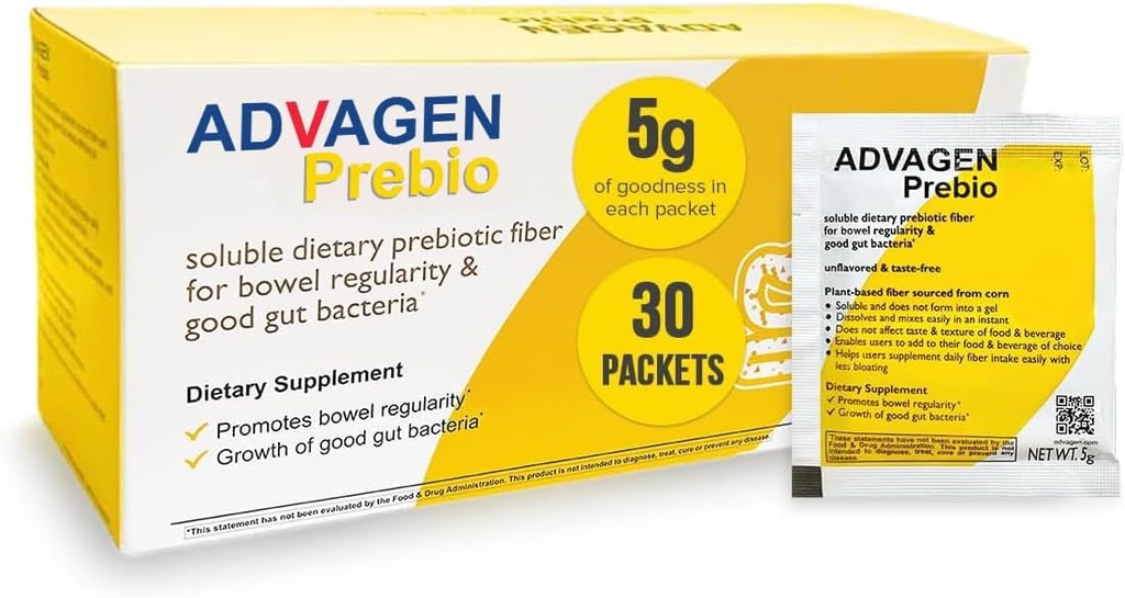 ADVAGEN, Prebio Fiber Supplement Powder Unflavored - Oplosbare Prebiotic Fiber Powder, Unflavored On The Go Packets, Non GMO ondersteunt Gut Health, Bloating & Constipatie Relief for Women Men 30 Servings