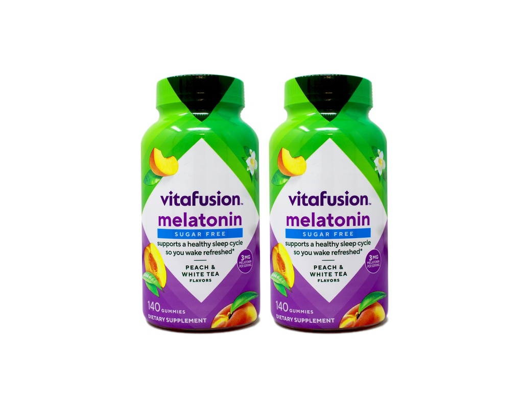 Vitafusie 3 mg Melatonine Gummy Supplement, Ontwaak vernieuwd, slaapondersteuning & Jet Lag Aid, Sugar-Free, Dieetsupplement, Natural White Tea & Peach Smaken, 140 Tellen (Pack of 2)