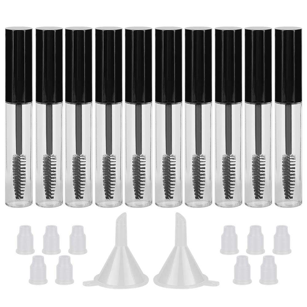 GTHER 10PCS 10ML Lege Mascara Tube Fles met wimperstok, Rubber Insert & Funnels Set voor Castor olie/groeiolie, DIY Cream Container met Cap, zwart