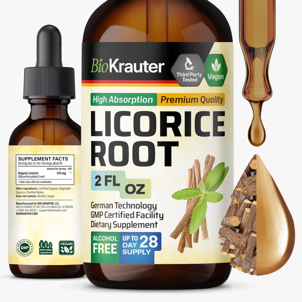 BIO KRAUTER Licorice Root Tinctuur - Licorice Root Extract voor Digestieve Ondersteuning - Alcohol en Suikervrij - Vegan Drops 2 Fl.Oz.