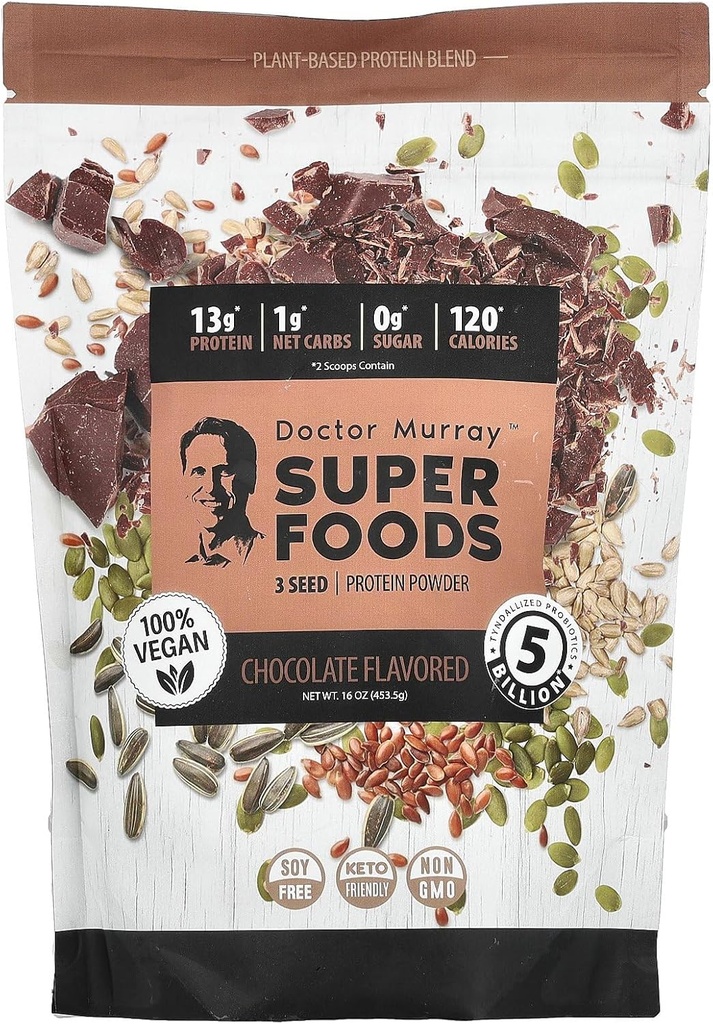 Dr. Murray's Super Foods, 3 Zaad Proteïne Poeder, Pompoen + Vlas + Zonnebloem, Chocolade, 16 oz (453.5 g)