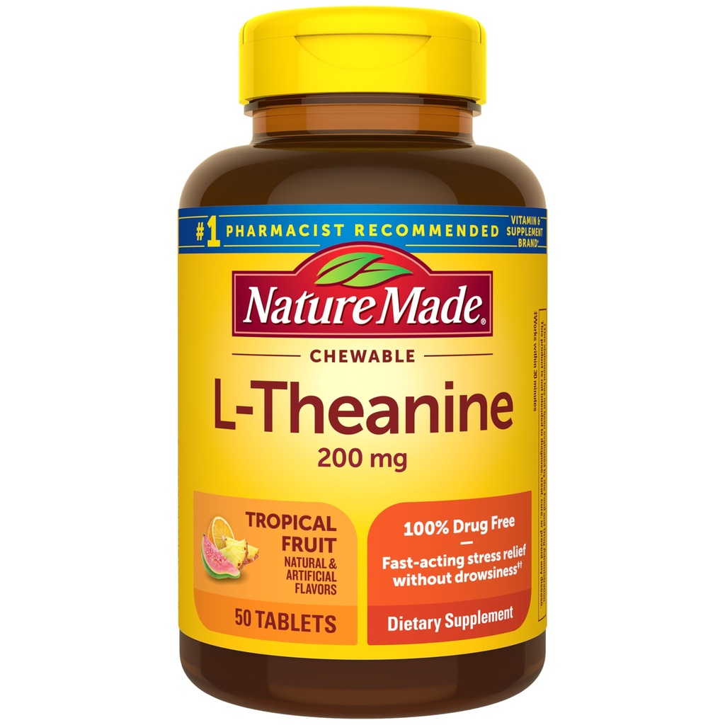 Nature faite Chewable L Theanine 200mg, supplément L-Theanine pour le soulagement du stress, 50 comprimés Chewable, 50 jours d'approvisionnement