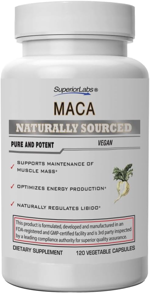 Superior Labs - Biologische Peruaanse Maca - 100% Pure NonGMO - Dieetsupplement voor kalmeren en ontspannen - Zero Synthetische Additieven, Stearates, Dioxides - 750mg, 120 Plantaardige Capsules
