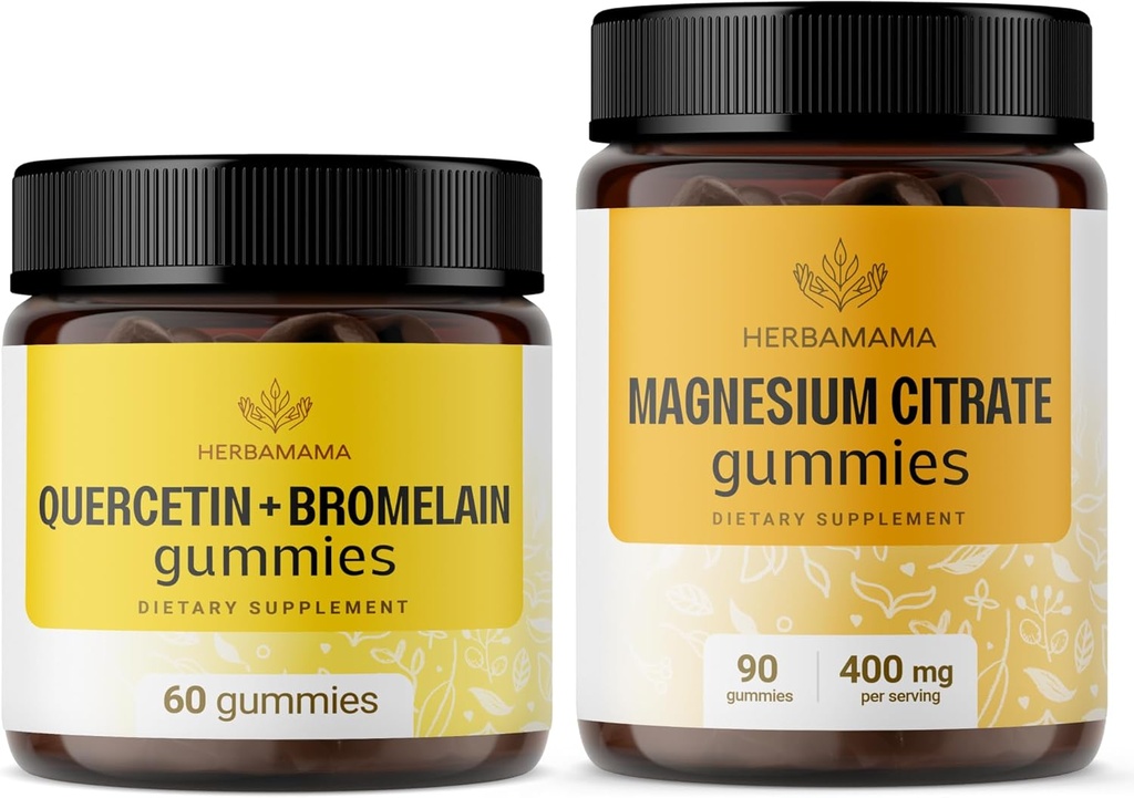 HERBAMAMA Quercetin Kit et Gommies de magnésium - Ensemble de 800 mg Quercetin avec Bromelain et 400 mg Gommies de citrate de magnésium - végétalien, non-OGM, sans gélatine - 2 emballages