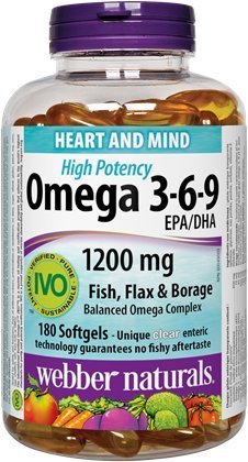 Webber Naturals Omega 3-6-9 Hoge Potentie 1200 mg · Vis, Vlas & Borage, 180 softgels
