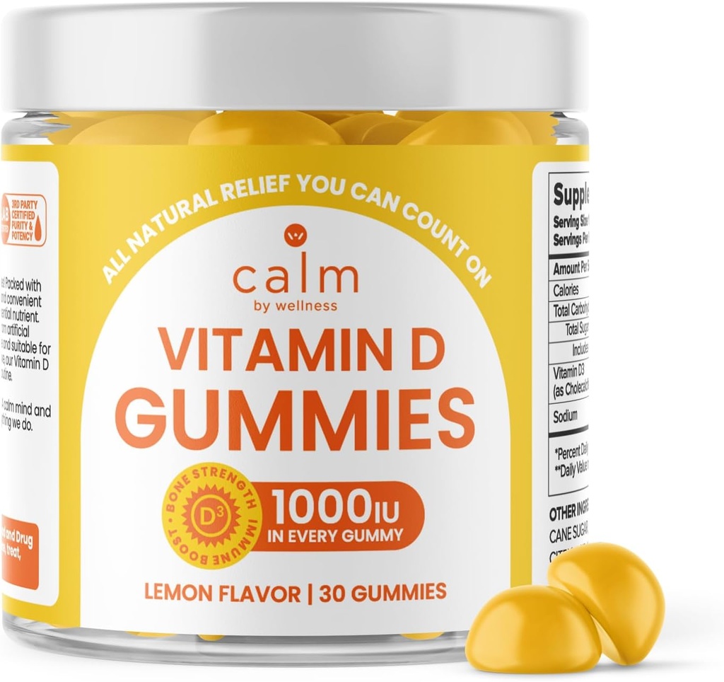 Kalm door Wellness Vitamine D Gummies voor volwassenen, Vitamine D3 Gummy, Vitamines voor Bone en Immuun Systeem Ondersteuning, Citroen Smaak, 30 Tellen
