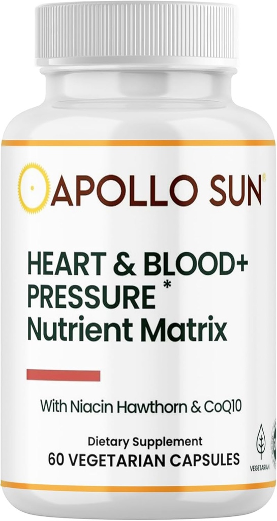 APOLLO SUN Heart and Blood+Pressure Supplement Nutriënt Matrix met Hawthorn Extract, Niacin, en COQ10, 60 Vegetarische Capsules