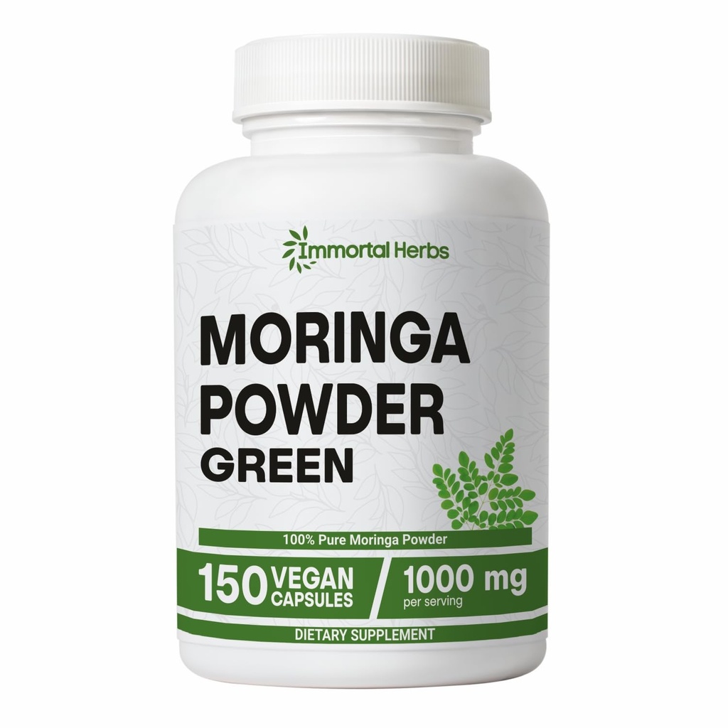 Moringa Capsules, 1000mg Résistance, 20:1 Pure Moringa Poudre de feuille, Digestive et Immunissable Support vert Superfood, sans OGM et sans gluten