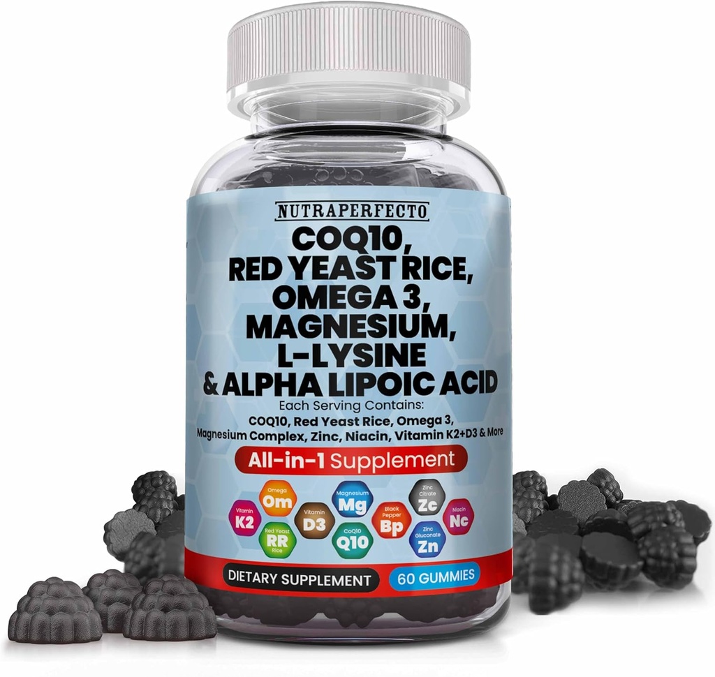 L-Lysine Coq10 Alpha Lipoïnezuur Gummies Rode Gist Rijst Magnesium Gummy voor volwassenen en kinderen - Aminozuur Supplementen Omega 3 Niacin Zink Vitamine K2 D3 B3 - Vitaminen voor vrouwen en mannen - 60 Gummy Bears