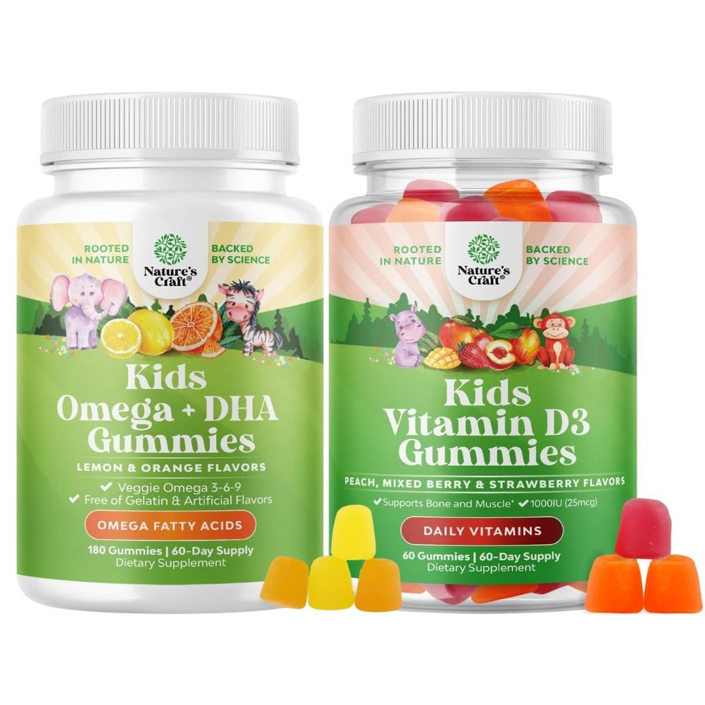 Bundle of Omega DHA Gummies for Kids - Fatty Acids Omega 3 6 9 - Vitamine C for Brain, Immunity & Vision and Vitamin D Gummies for Kids - 1000 IE Per Serving - Immune Support Muscle Teeth & Bone Health