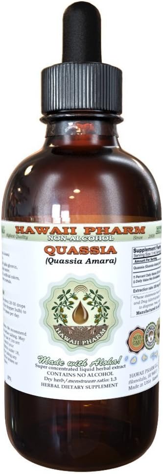 Quassia Extrait liquide sans alcool, Quassia Amara (Quassia Amara) Supplément à base de plantes glycérites séchées, Hawaii Pharm, États-Unis 2 fl.oz