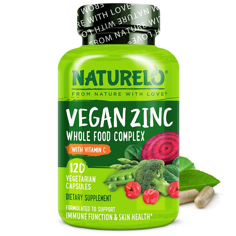 NATURELO Vegan Zinc Immune Support Capsules - Complexe alimentaire entier avec vitamine C pour la peau, les cheveux et les ongles sains - 120 Capsules