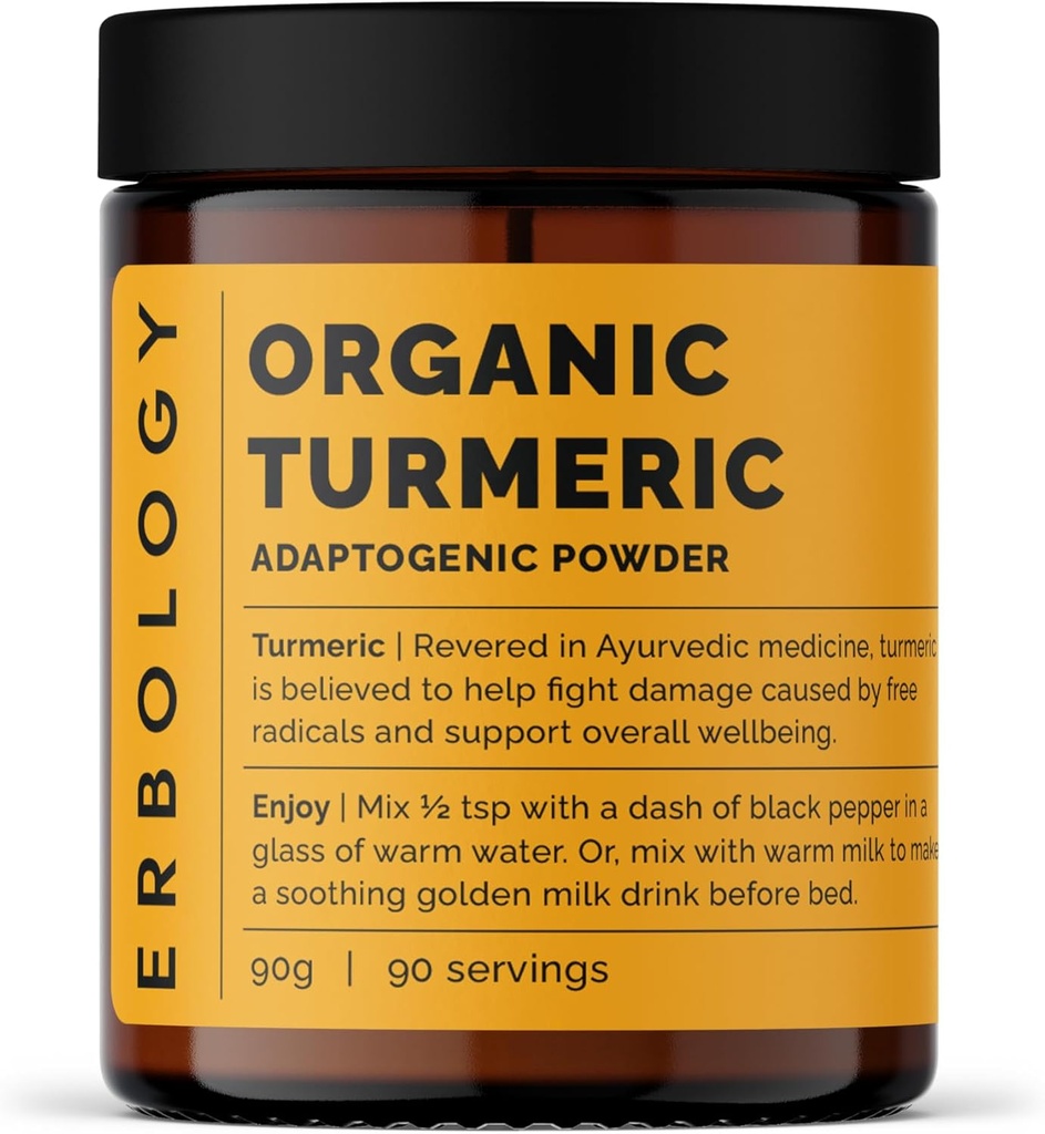 Erbologie Biologische Kurkumapoeder 3.2 oz - 90 porties - 5,5% Curcumine - Geen additieven of conserveringsmiddelen - Duurzaam geproduceerd Straight from Farm in India - Vegan - GGO-vrij