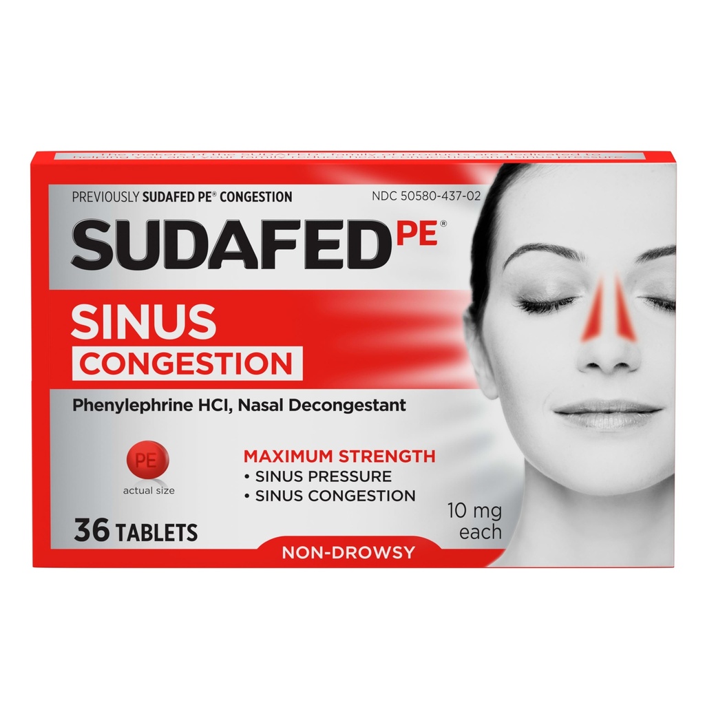 Sudafed PE Sinus Congestie Relief Tablets, Maximale Sterkte, Niet-Drowsy 10 mg Fenylefrine HCI Decongestant voor Sinusdruk & neuscongestie Relief, Vanwege koude of allergieën, 36 st.