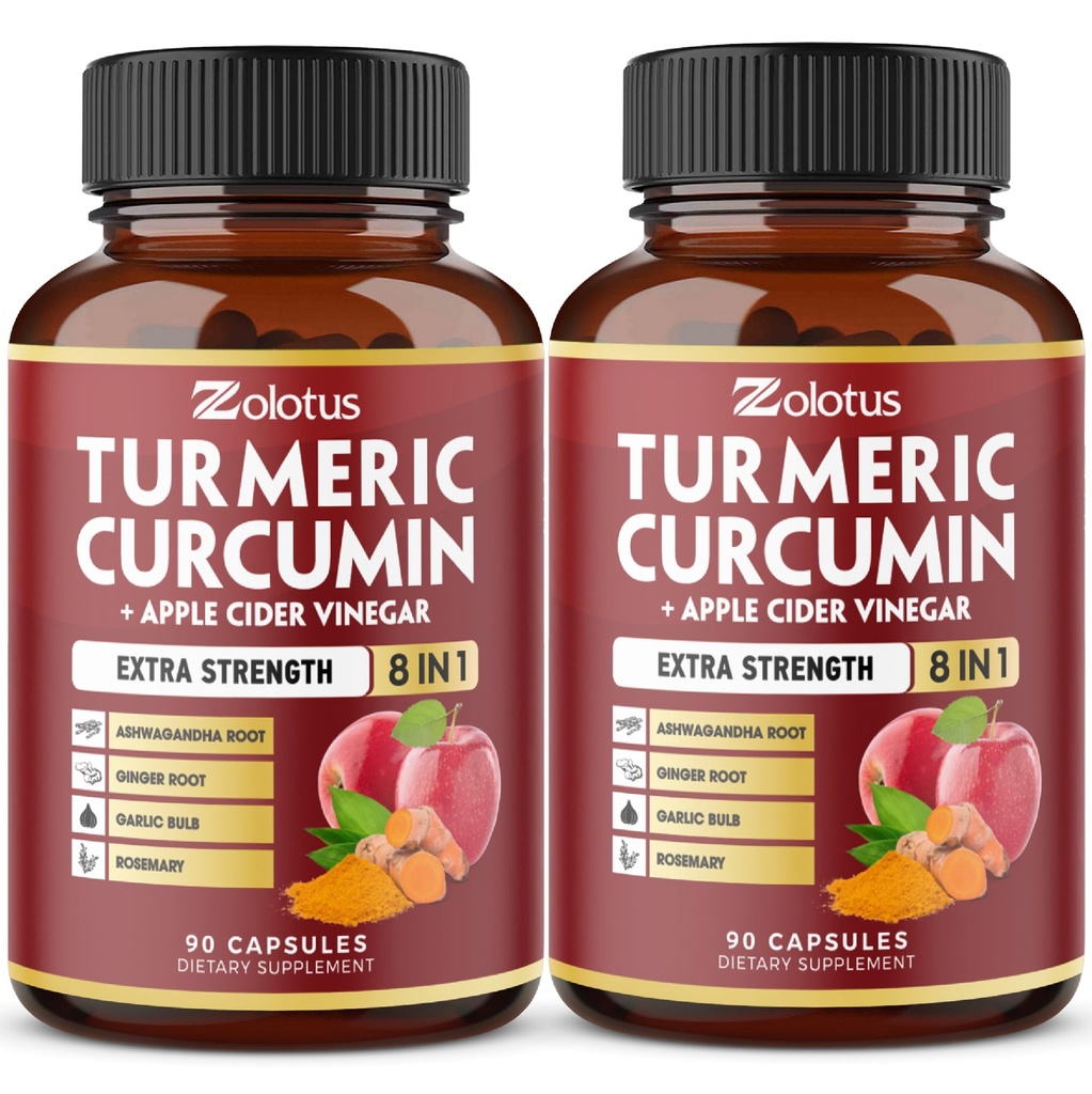 2packs 90 Capsules Curcumine curmérique + Capsules de vinaigre de cidre de pomme, 6 mois d'approvisionnement avec Ashwagandha, Ginger, 95% Curcuminoides standardisés, joint et support d'absorption