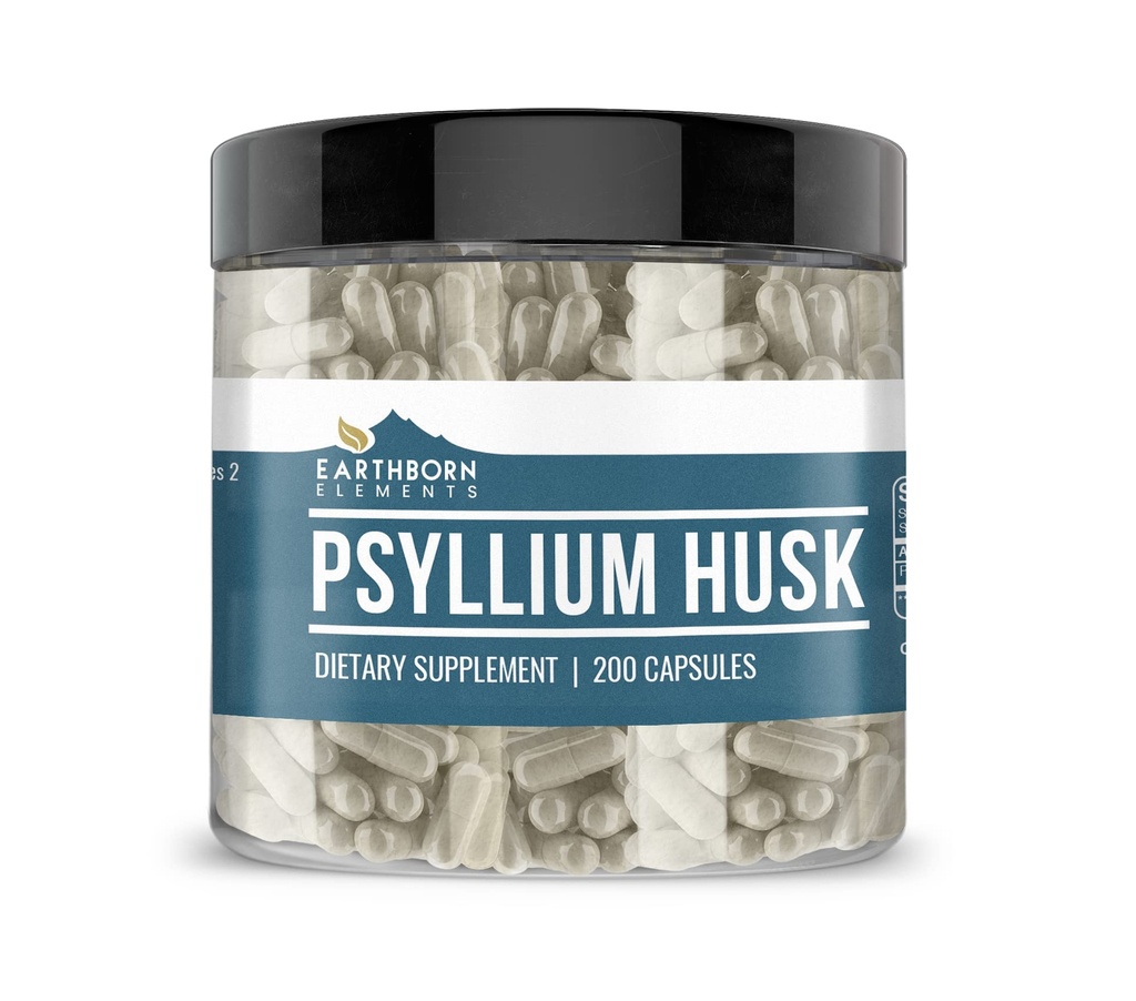 Éléments terriens Psyllium Husk 200 Capsules, pures et non diluées, sans additifs