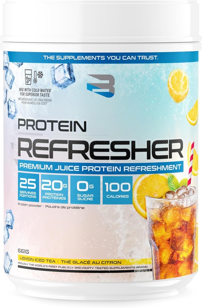 Croire des suppléments de protéines rafraîchissant (25 portions) - Poudre de protéines de type jus révolutionnaire pour la condition physique, la musculation, la gymnastique ou pour l'apport de protéines plus grandes (25 scoops, thé glacé citron)