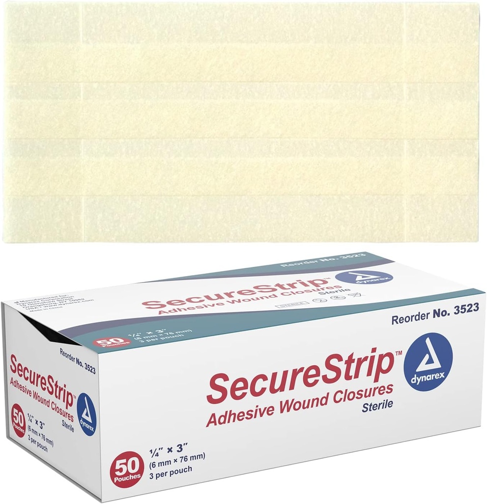 Dynarex Wound Closing Strips - Steriel, Biedt Steriele ondersteuning voor kleine sneetjes en huid met hechtingen, steken, & Staples en nazorg, wit, 1/4