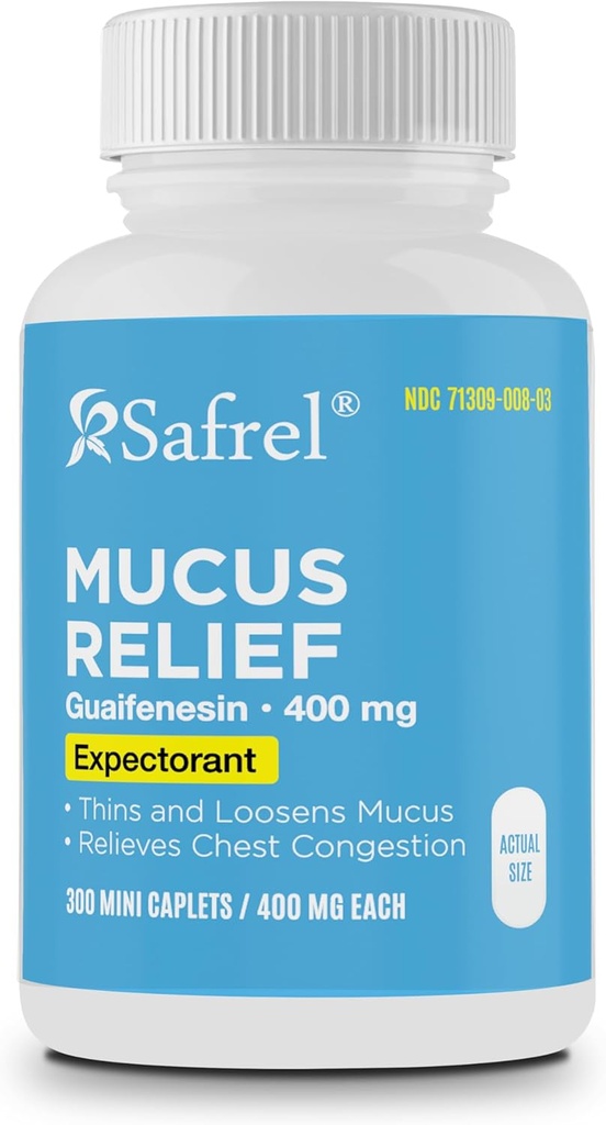 Safrel Pharma Mucus Relief Guaifenesin 400 mg - Fast acting Expectorant, Thins and Loosens Mucus, Relives Borstcongestie, Hoest, Koud en Griep (300 telling)