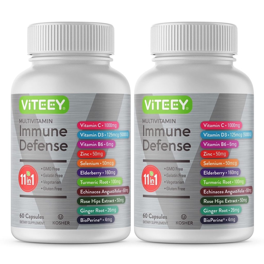 VITEEY 11 in 1 Immune Support Supplement - Immune Defense with Vitamin D3, B6, Echinacea, Turmeric, Rose-HIPS, Selenium, BioPerine, Ginger, Elderberry Vitamin C and Zinc - 120 Count