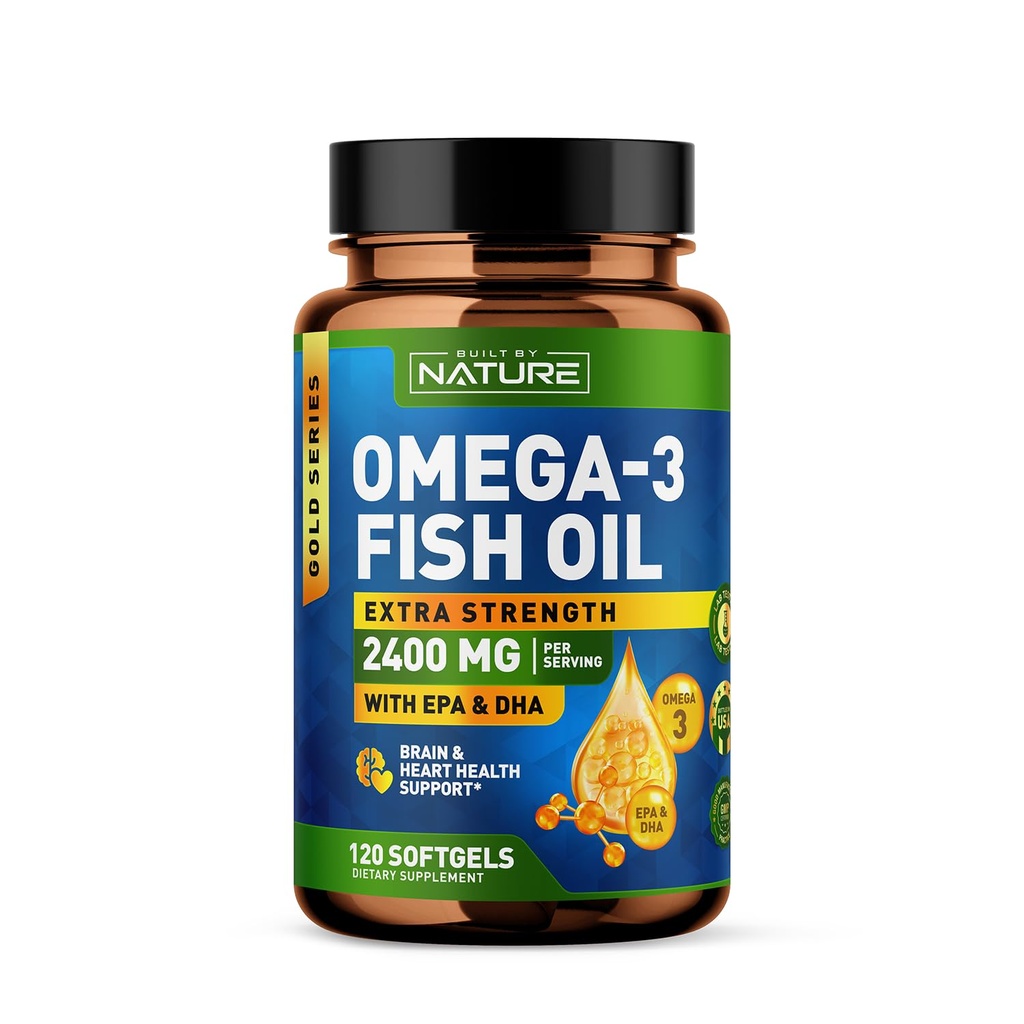 Gebouwd door Natuur Omega 3 Visolie Zachte Gels - 2400 mg Visolie, 1440 mg Omega 3, 864 mg EPA, 576 mg DHA - Extra sterkte Hersenen & Hartgezondheid Ondersteuning Supplement - 120 Softgels