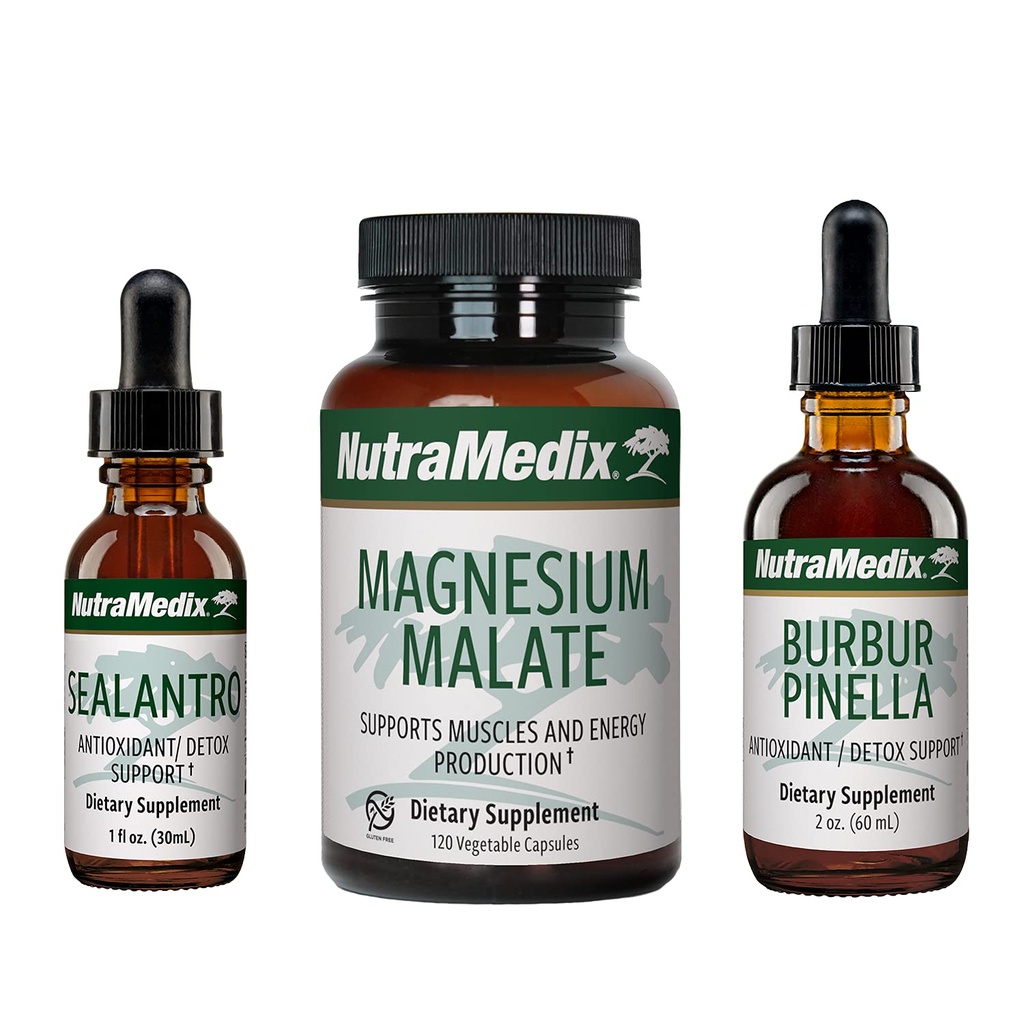 Ensemble de désintoxication NutraMedix - Kit 3 pièces avec Sealantro, Burbur-Pinella et Malate de magnésium pour le nettoyage, la désintoxication et le soutien au mieux-être quotidien - gouttes de désintoxication liquide à base végétale et capsules quotidiennes