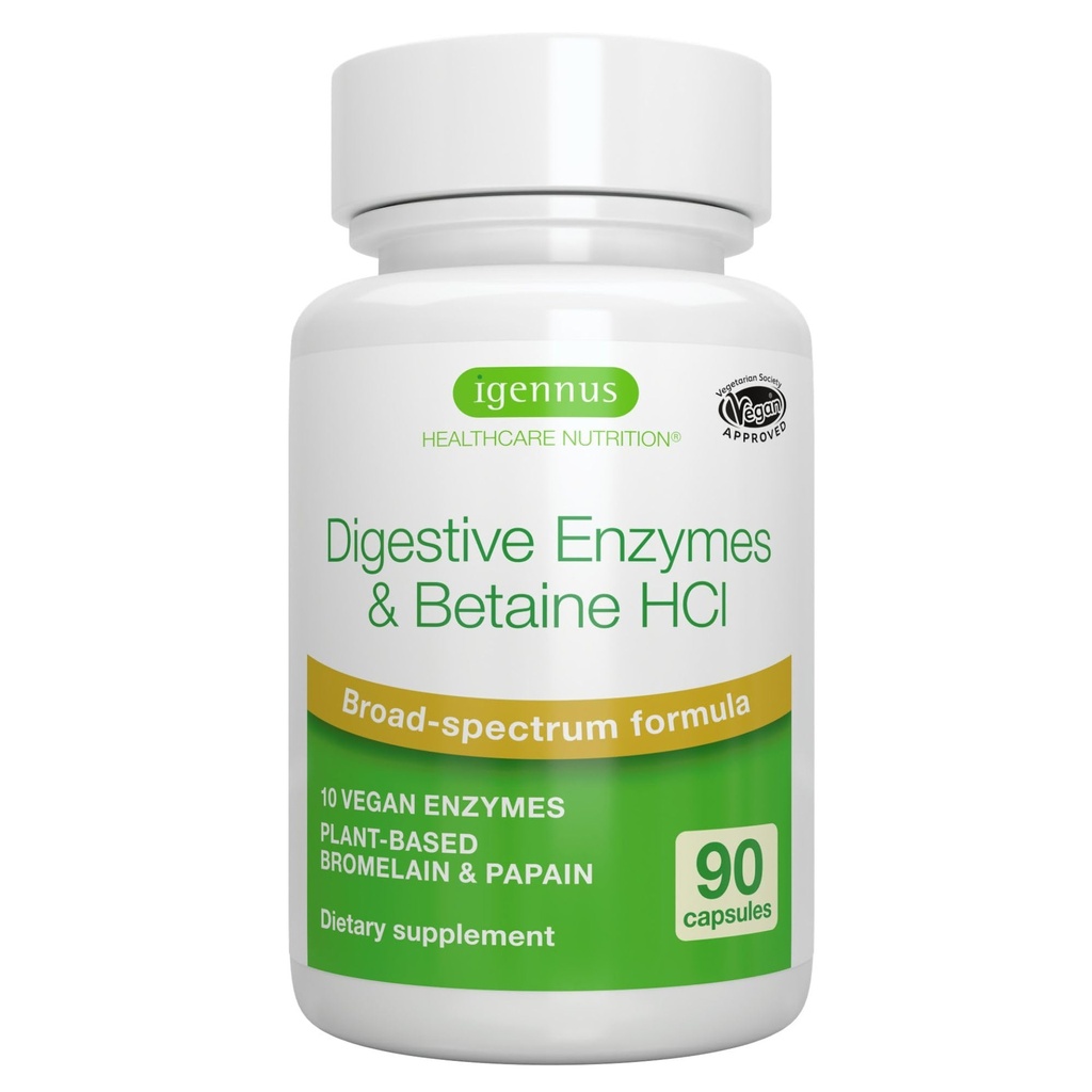 Igennus Fast Action Decompensative Enzymes & Betaine HCl, 10 Broad Spectrum Enzymes with Protease, Lipase & Lactase, Papain & Bromelain, Plant Based Vegan, Clean Label, for Women and Men, 90 Capsules