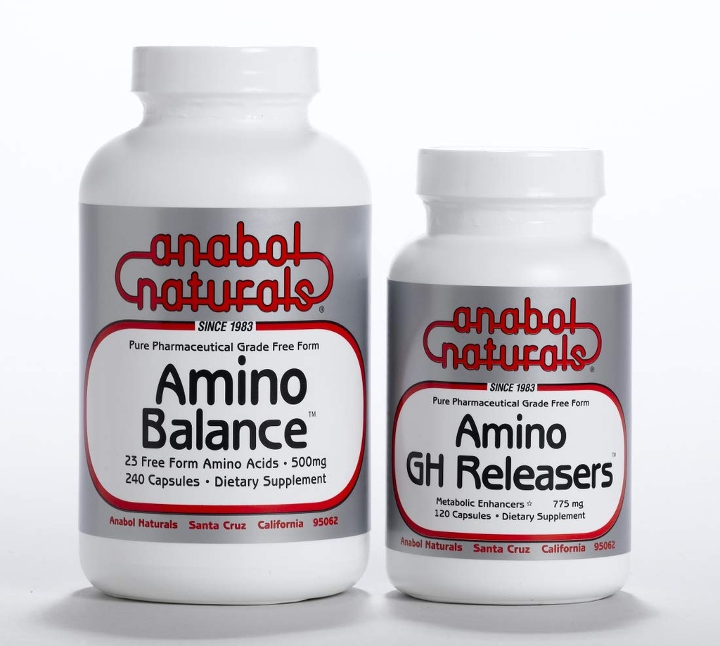 Physique Stack–Amino Balance 240 capsules Complet formule libre avec BCAA et EAA pour la récupération musculaire. Amino GHReleasers 120 capsules Pré-entraînement avec L-Arginine et L-Glutamine pour la croissance musculaire maigre