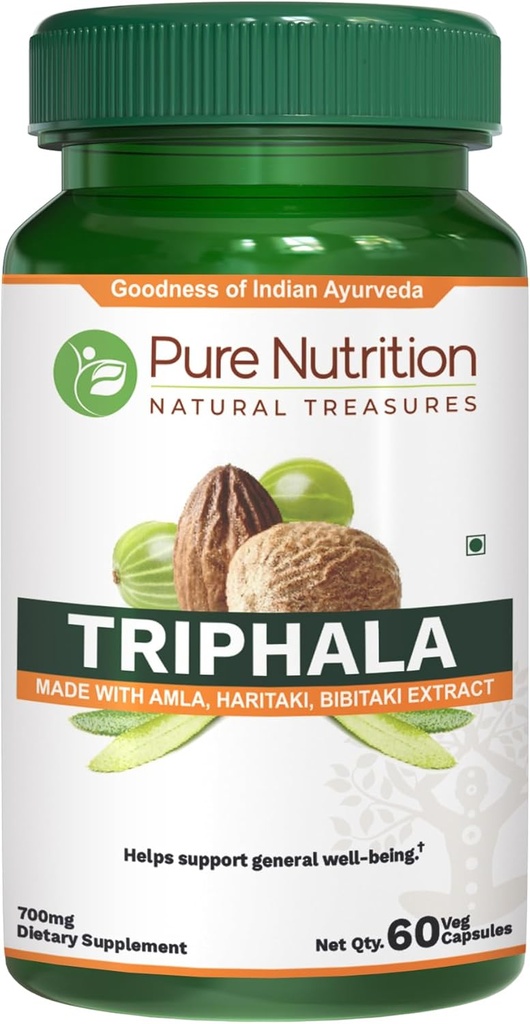 Pure Nutrition Triphala Extract 700mg - 60 Caps (Extract Equiv. to 1900mg Triphala Fruitpoeder) Niet genetisch gemodificeerd materiaal Eenmaal daags 60 Days Supply.