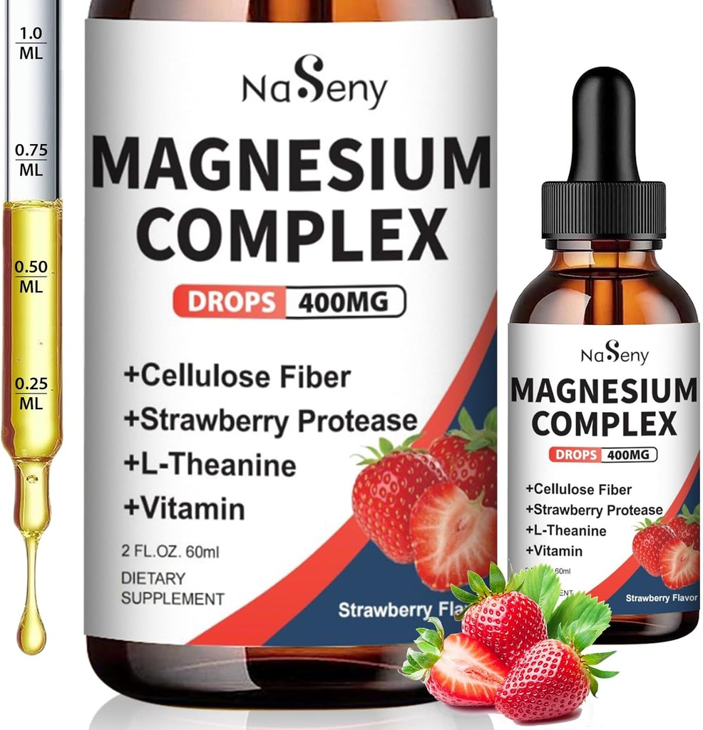 Magnesium Glycinate Liquid 400mg, Hoge Absorptie Magnesium Complex soepelmen met Vitamine B6, D, C ter ondersteuning van Slaap, Spier, Zenuwgezondheid, Non-GMO Glutenvrije Vegan (2 Fl Oz/Strawberry)