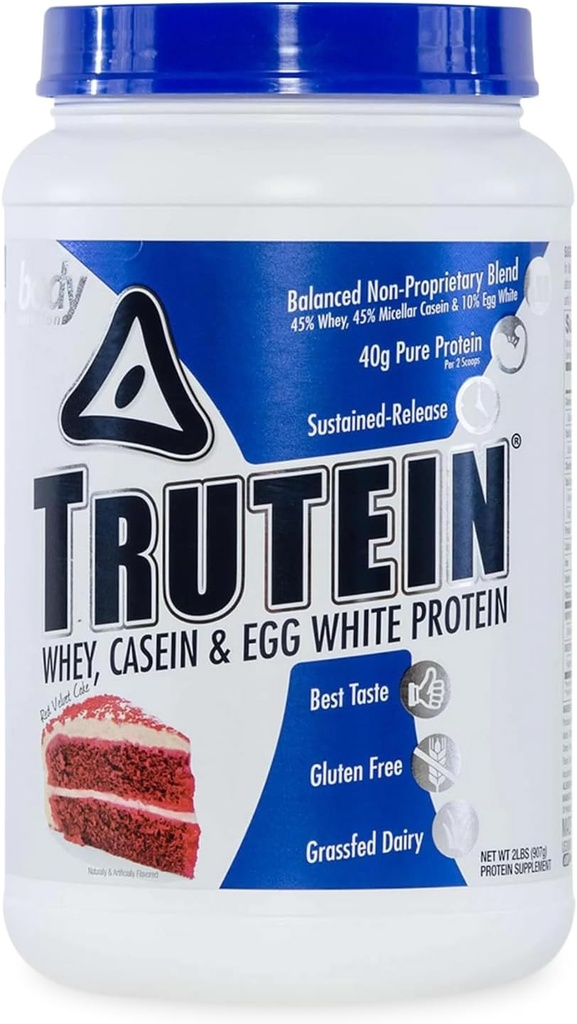 Body Nutrition Trutein High Protein Powder: 45% Wei, 45% Caseïne, 10% Egg White, Glutenvrij, Low Sodium, Grass Fed Wei Proteine Powder, Gym Supplement & Breakfast Shake, Red Velvet Cake, 2lb
