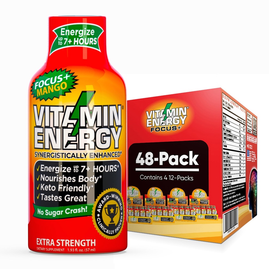 Vitamine Energie Focus+ Extra sterkte Energie Shot Mango 48 Pack, 260mg Natural Cafeïne, B-Vitamins, CoQ10, Aminozuren, Focus, Productiviteit & Duidelijkheid, Zero Sugar, Gluten-Free, 1,93 fl oz