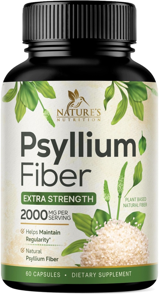 Psyllium Husk Poeder Capsules 2000mg, Natuurlijke Dagelijkse Oplosbaarheid & Onoplosbare Vezel pillen, Psyllium Husk Fiber Supplement Ondersteunt Vertering Colon Gezondheid & Regularity, Plant Based Supplement - 60 Capsules