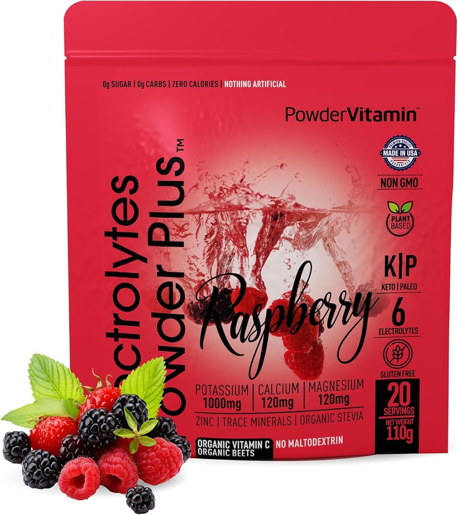 PoudreVitamine Electrolytes Poudre Plus (20 portions) Framboise Electrolyte Poudre Zéro Calorie Keto,0 Sucre, Pas de Maltodextrine,1000mg Potassium,120mg Calcium,120mg Magnésium, Pink Himalayan Sel