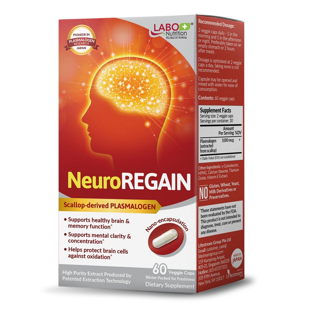 LABO Nutrition NeuroREGAIN - Scallop-afgeleid PLASMALOGEN voor hersenverslechtering, geheugen, alertheid, leren, concentratie en andere cognitieve functies geschikt voor senioren, volwassen mannen en vrouwen
