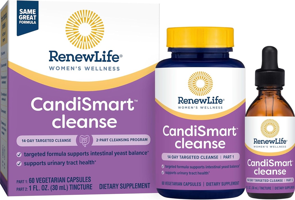 Renew Life Adult Cleanse - CandiSmart - 15 dagen Gist Reiniging Programma - 2-delige Kit - Gluten & Dairy Free - 60 Vegetarische Capsules + 1 Fl. Oz. Tinctuur