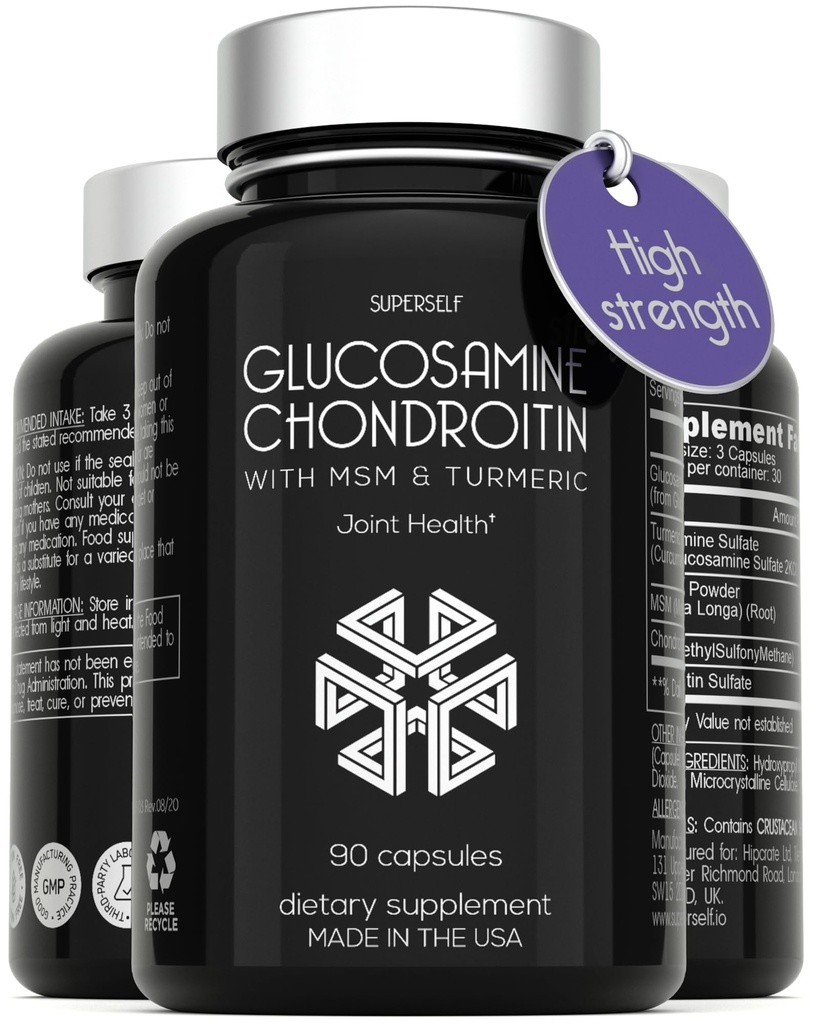 Glucosamine Chondroïtine MSM avec Turmeric - Supplément de soutien articulaire haute résistance pour adultes Hommes et femmes - 90 Capsules - 1500mg Glucosamine Sulfate par portion