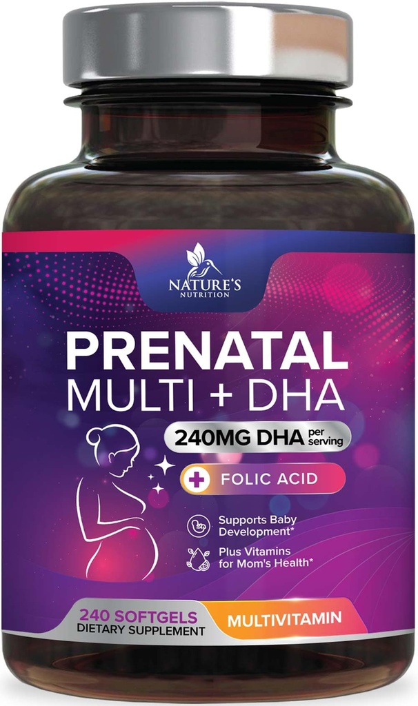 Prenatale vitamines met foliumzuur & DHA, foetale hersenontwikkeling Ondersteuning met folaat & Omega 3's, prenatale multivitamine voor vrouwen, vitamine A, C, D, B6, B12 & ijzer, zwangerschapssupplement - 240 Softgels
