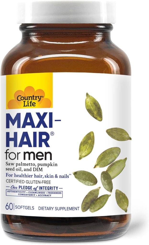 Country Life Maxi-Hair voor mannen - 2000 mcg Biotin, Saw Palmetto, Pompoenzaadolie, DIM, Kalium, Magnesium, Calcium & Zink Blend - Ondersteunt gezonder haar, Scalp, Huid & Nails, 60 Vegan Capsules