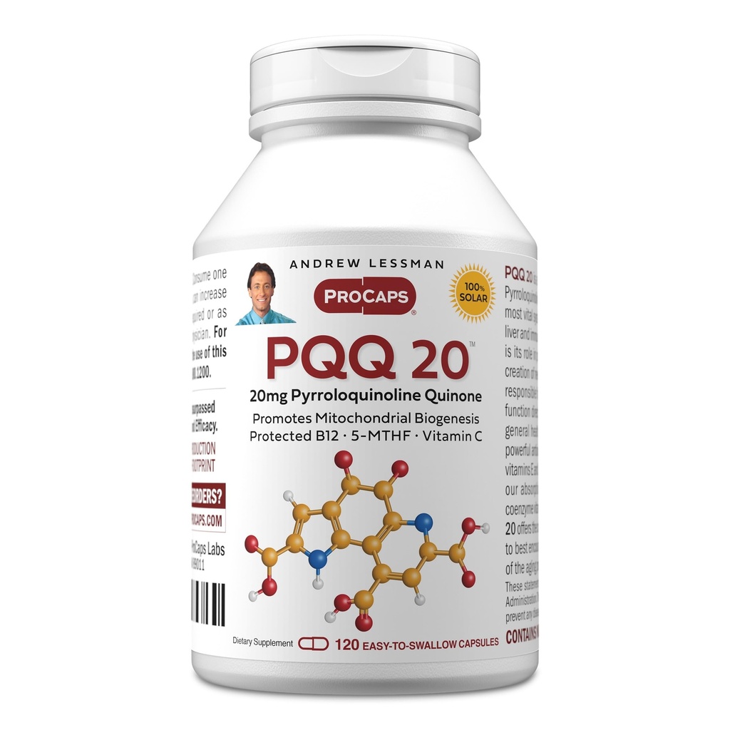 ANDREW LESSMAN PQQ 20mg - 120 Capsules - 20mg Pyrroloquinoline Quinone, Natural Protective Compound ondersteunt vitale organen, hart, hersenen, lever, immuunsysteem. Mitochondriale biogenese, Geen additieven