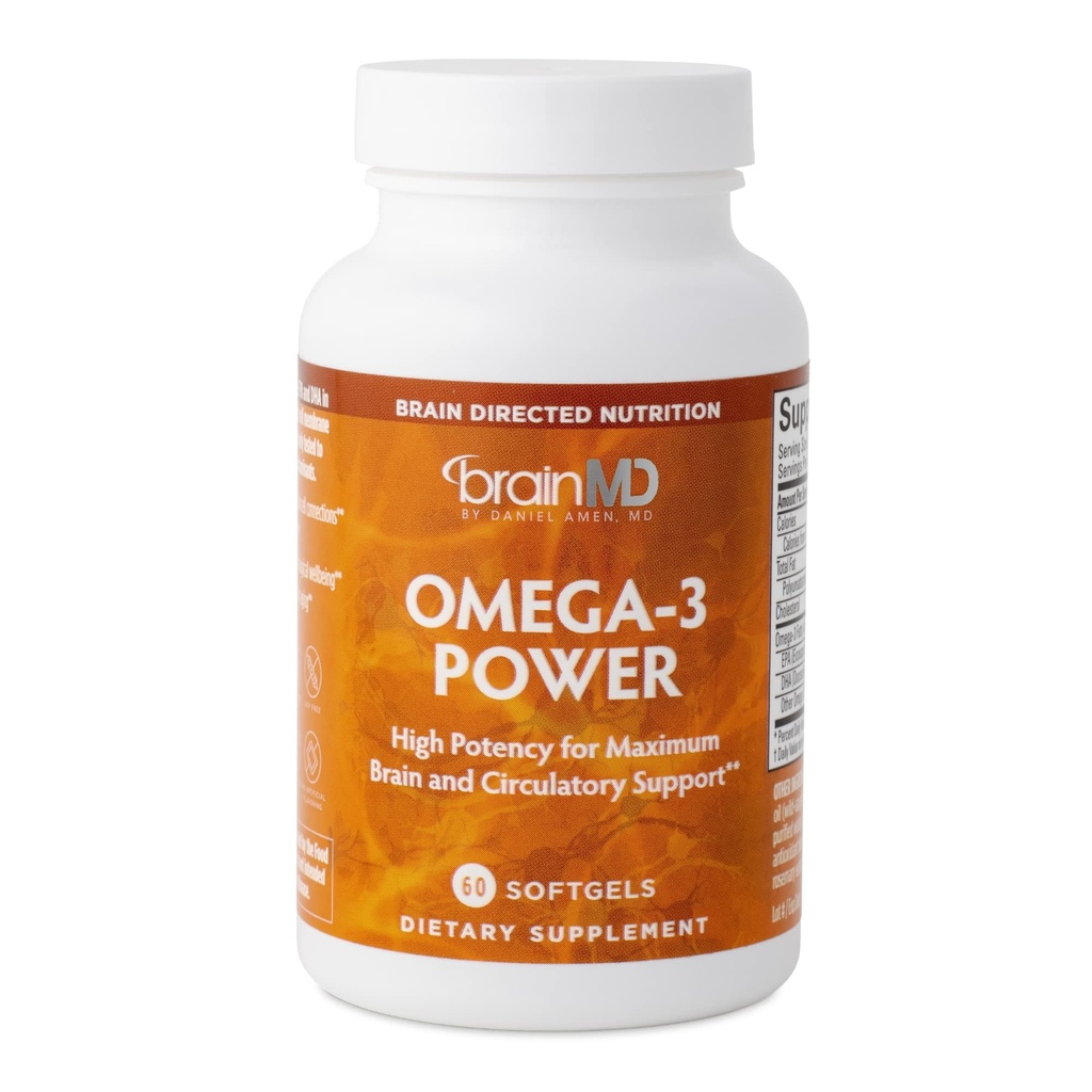 BRAINMD Dr Amen Omega-3 Power - 60 capsules - Supplément de soutien joint et immunitaire - Contient DHA & EPA - Sans gluten - 30 portions