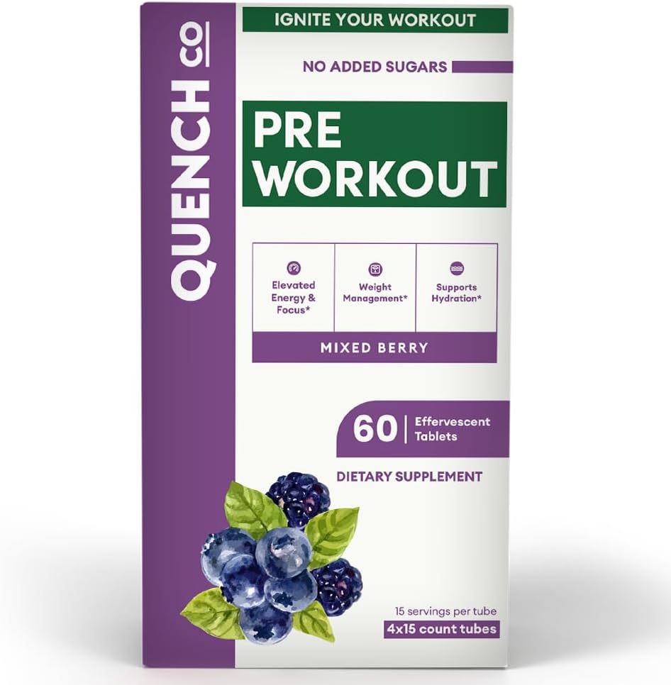 Quench Pre Workout voor mannen en vrouwen Bruisende tabletten - Boost energie & Focus met L-Arginine, natuurlijke cafeïne - Ondersteunt gewicht management & hydratatie - Vegan, Keto, Soy-Free 60 Tel.