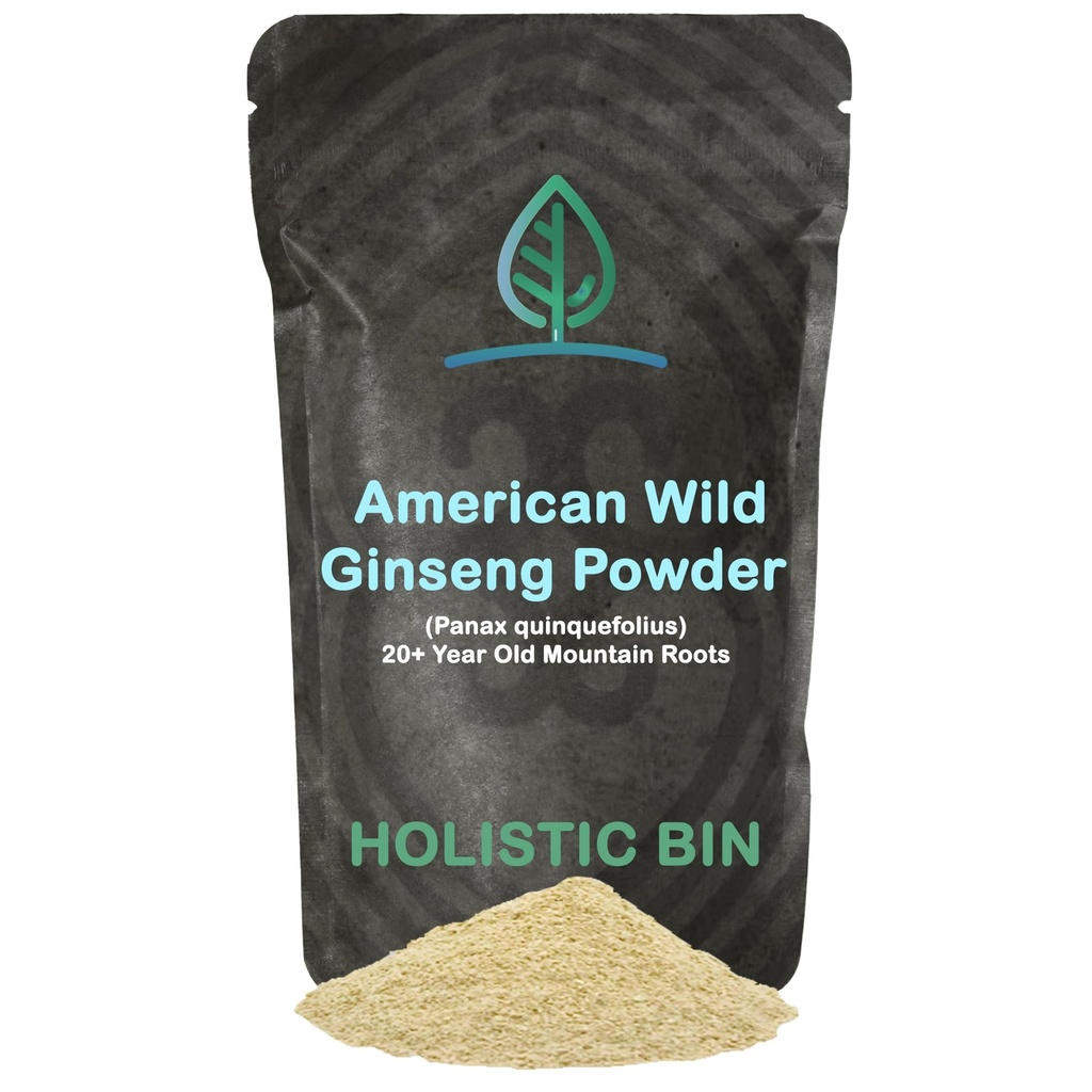 Holistic Bin Wild American Ginseng Powder Pure Organic Ginseng Supplement Made with Wild Harvested 20+ Year Old Roots from Appalachia (Panax Quinquefolius) 